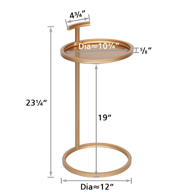 Auzie C-Shaped End Table with Iron Tray Top, Gold, 12" Dia