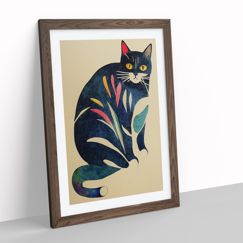 Cat Watercolour No.2 - Painting, White, 48cm H x 36cm W, Walnut Framed