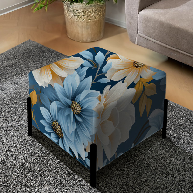 Yellow And Blue Farmhouse Flowers Pattern I - Floral Square Ottoman