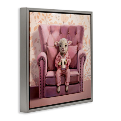 Baby Cow in Pink Chair Canvas Wall Art by Lucia Heffernan