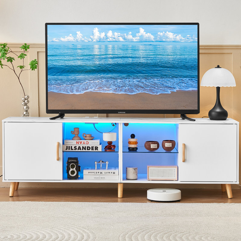 Meuble télé en bois pour téléviseur de 75 po ou moins avec lumière DEL et station de charge, console multimédia Coastal, meuble de rangement multimédia avec 2 portes, meuble télé avec éclairage, cadeau
