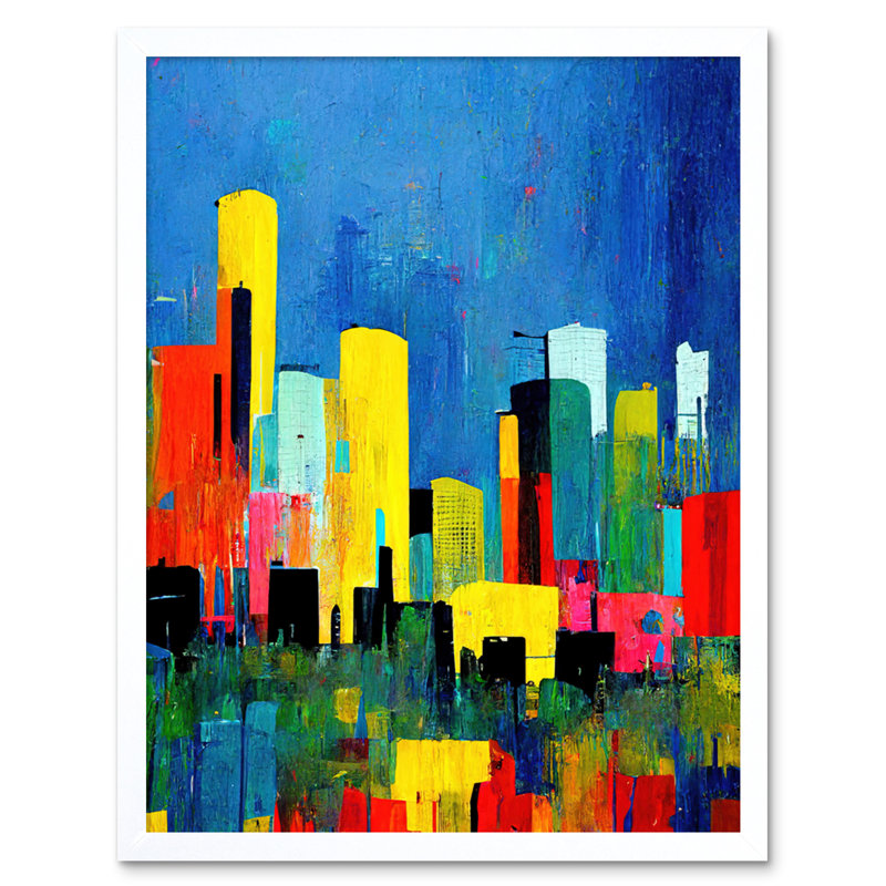 Abstract Midcentury Style Cityscape Skyline - Print, White Framed Paper, 25.9cm H x 20.6cm W x 1.5cm D