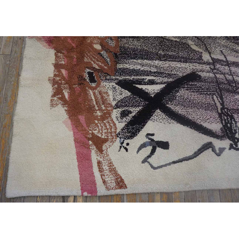 Square Vintage Mid Century Modern Spanish Abstract Expressionist Art Rug