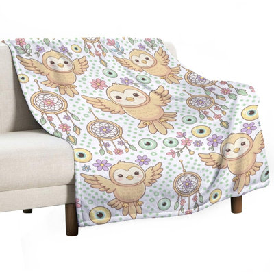 Cute Owls Dreamcatchers Flowers And Eyes Pattern Luxury Flannel Throw Blanket, Soft Warm Fuzzy Blanket for Living Room Sofa Bed Home Decor
