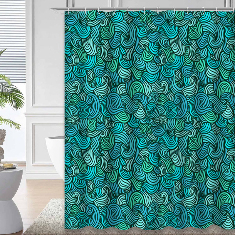 Rideau de douche abstrait à motif abstrait ondulé bleu avec 12 crochets, L 72 po x l 72 po