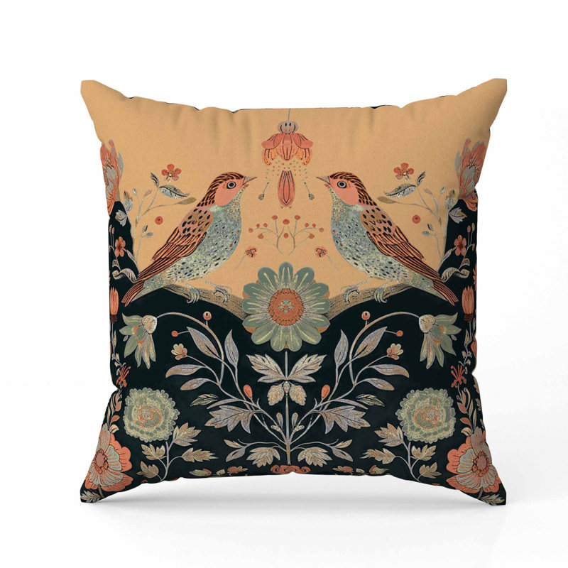 Coussin Birdsong, Carré 16 po, Noir / Vert / Orange
