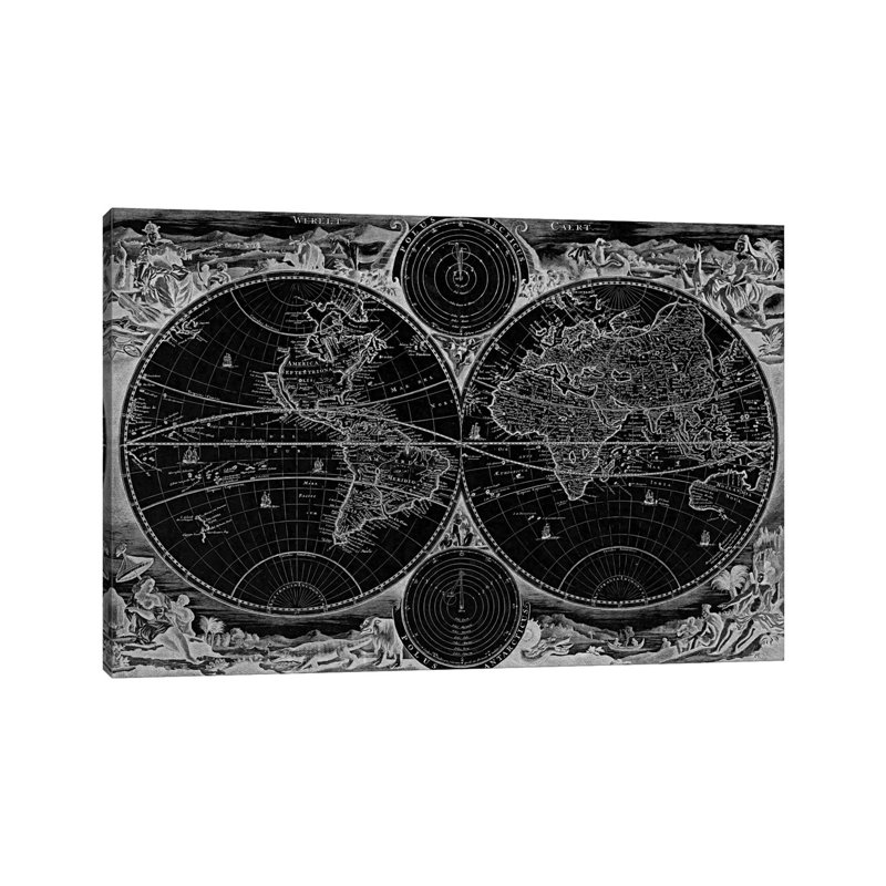Antique Map of the World in Two Hemispheres (1730) 1 Piece Wrapped Canvas Wall Art, 101.6 cm H x 66.04 cm W x 3.175 cm D