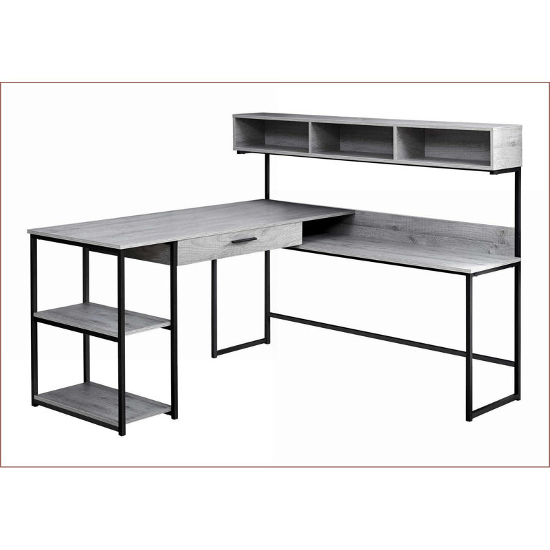 Bureaux, bureau d'ordinateur d'angle moderne en L avec rangement | Stratifié gris | Métal noir | Panneau de fibres à densité moyenne