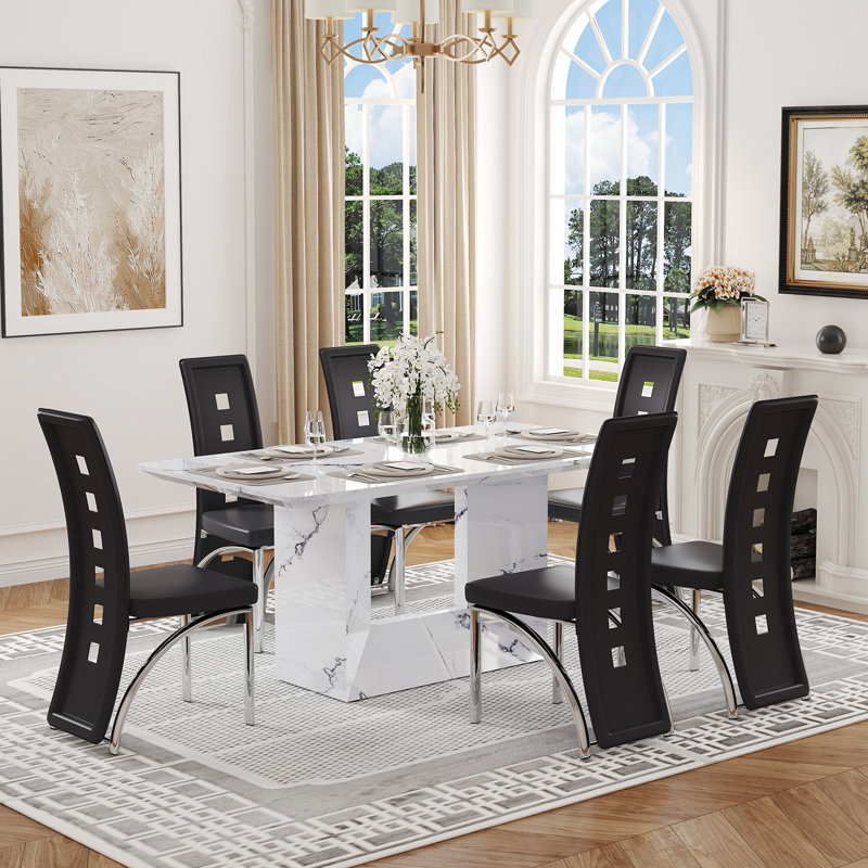 Ensemble de table de salle à manger rectangulaire en faux marbre de 63 po pour 4 à 6 personnes avec chaises en similicuir et base en forme de O