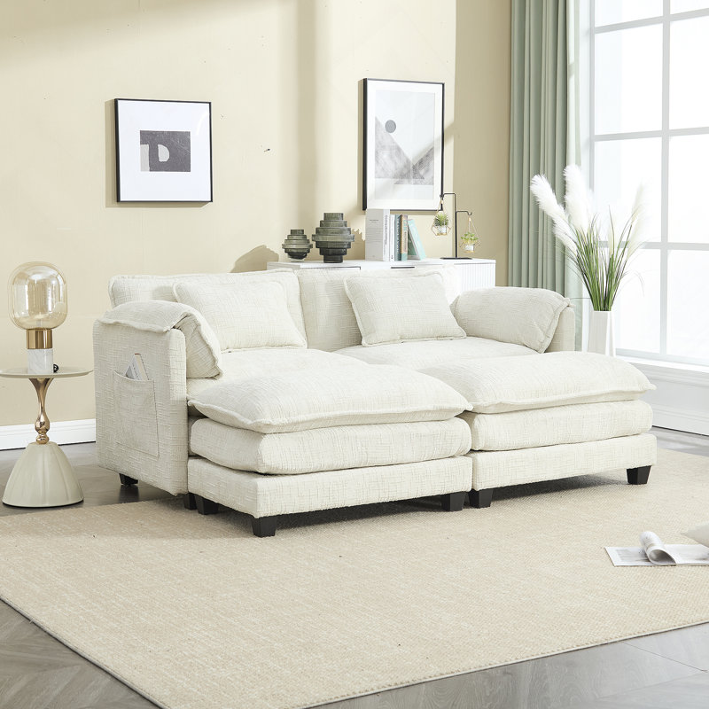 Zuri Upholstered 2-Seater Sectional Sofa with Ottomans, Beige Chenille