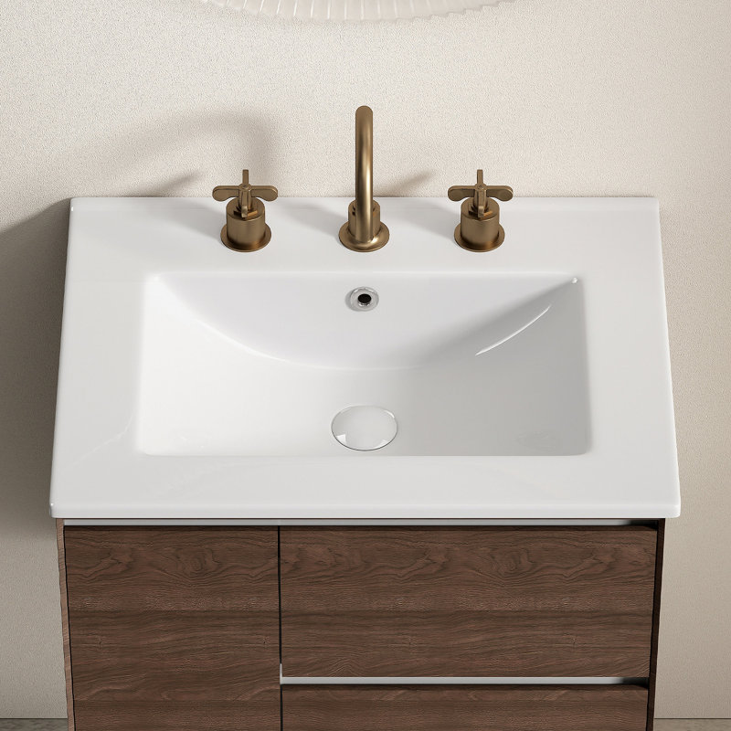 Lavabo vasque de salle de bain 24 po, comptoir de meuble-lavabo en céramique sans drain pratique pour ranger des objets personnels - blanc brillant - 3 trous