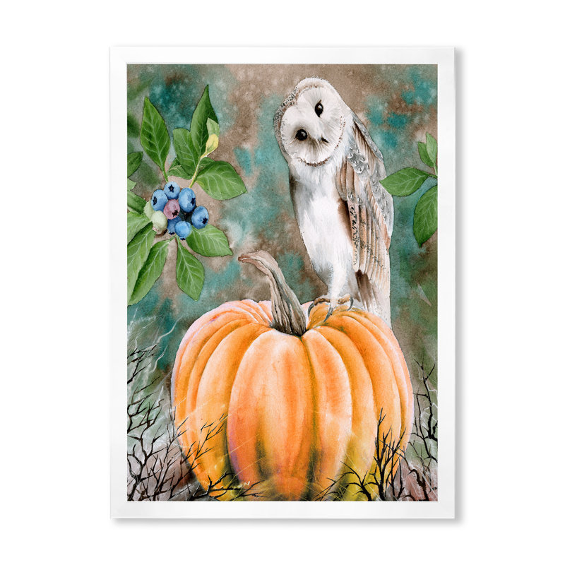 Chouette effraie assis sur une citrouille - reproduction sur toile, H 20 po x l 12 po x P 1 po, Cadre photo blanc