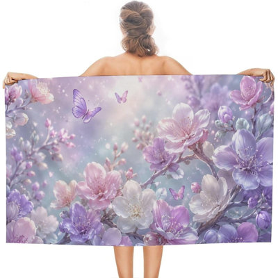 Spring Flowers Butterflies Pastel Garden Beach Towel, Lightweight Quick-Dry Sand-Free Microfiber Towel for Pool, Beach, Shower, Hot Spring, Yoga, Travel, 30 x 60 in