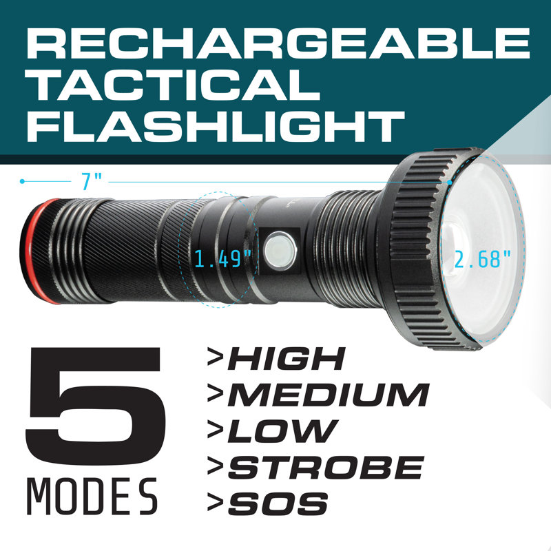 Bell + Howell Taclight Max Rechargeable Wide Beam Flashlight with 5 Modes