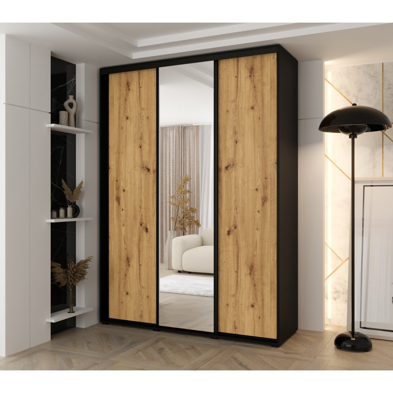3 Door Manufactured Wood Wardrobe, Natural/Black, 235.2cm H x 180cm W x 60cm D