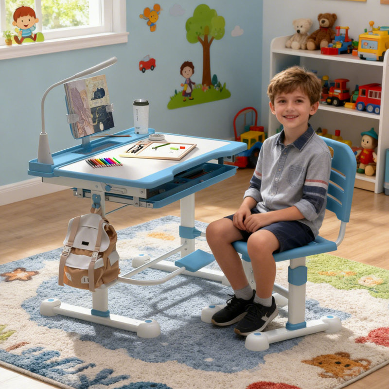  Desk And Chair Set For Kids Height Adjustable Drawing Desk Functional Study Table With 55° Tilt Desktop, Writing Board, Pen Slot, 3 Mode Led Light, Storage Drawer, Hook, Book Stand (blue)