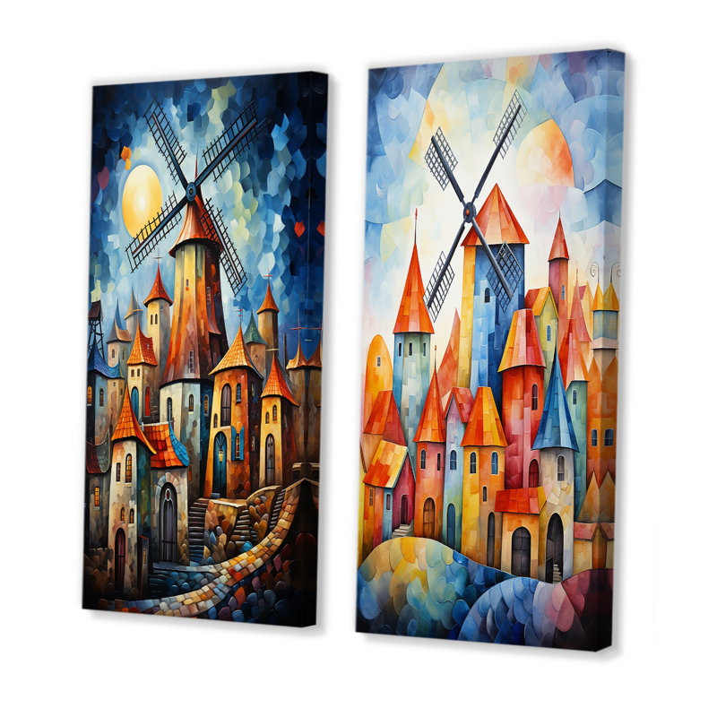 Colorful Windmill Village I - Wind Turbines Wall Decor Set Of 2, 28" H x 25" W, Wrapped Canvas