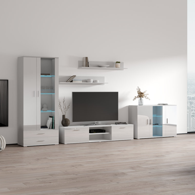 Meuble audio-vidéo Sabala 150 po avec éclairage DEL 16 couleurs, finition ultrabrillante, Blanc