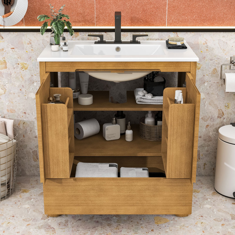 Meuble-lavabo de 30 pouces avec lavabo en céramique, portes doubles à fermeture en douceur, tiroir et tablette réglable