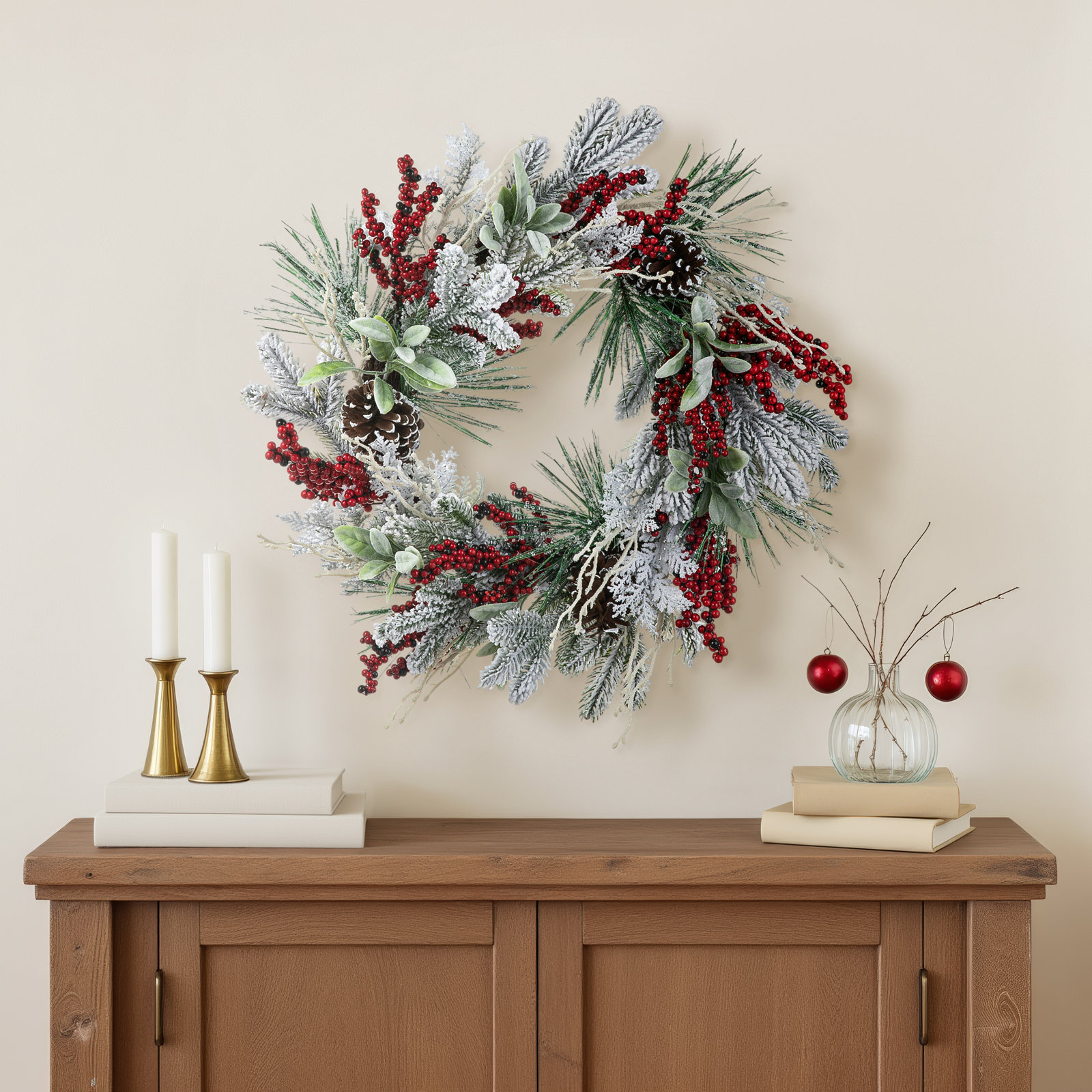 24"D Christmas Flocked Pinecone & Berry Wreath