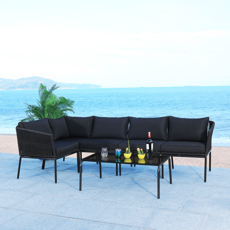Ensemble de conversation modulaire en rotin 6 pièces avec coussins, Noir, noir, noir, noir, Noir