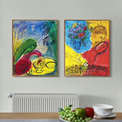Reproduction d'art numérique sur toile encadrée, 2 pièces par Marc Chagall, série d'art mural n ° 06 pour les décorations de bureau à domicile (cadre de couleur bois mince, 18 po x 24 po chaque pièce)