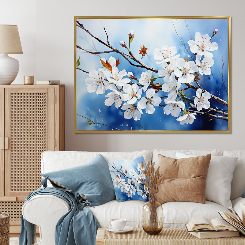 «Cherry Blossoms I» sur toile, Cadre flottant doré, H 24 po x l 32 po x P 1 po