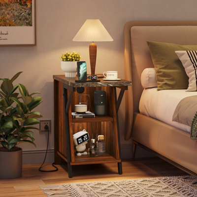 Brisna Side Table with Cup Holder & Shelf, Narrow Nightstand with Storage
