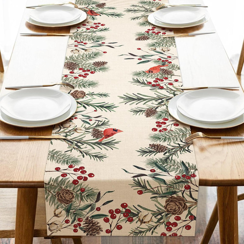Winter Pine Needle Branches Table Runner, Pine Cone Cardinal Red Birds Berry Farmhouse Kitchen Dining Table Decor, Christmas Holiday Home Decoration Indoor Outdoor Party Supply