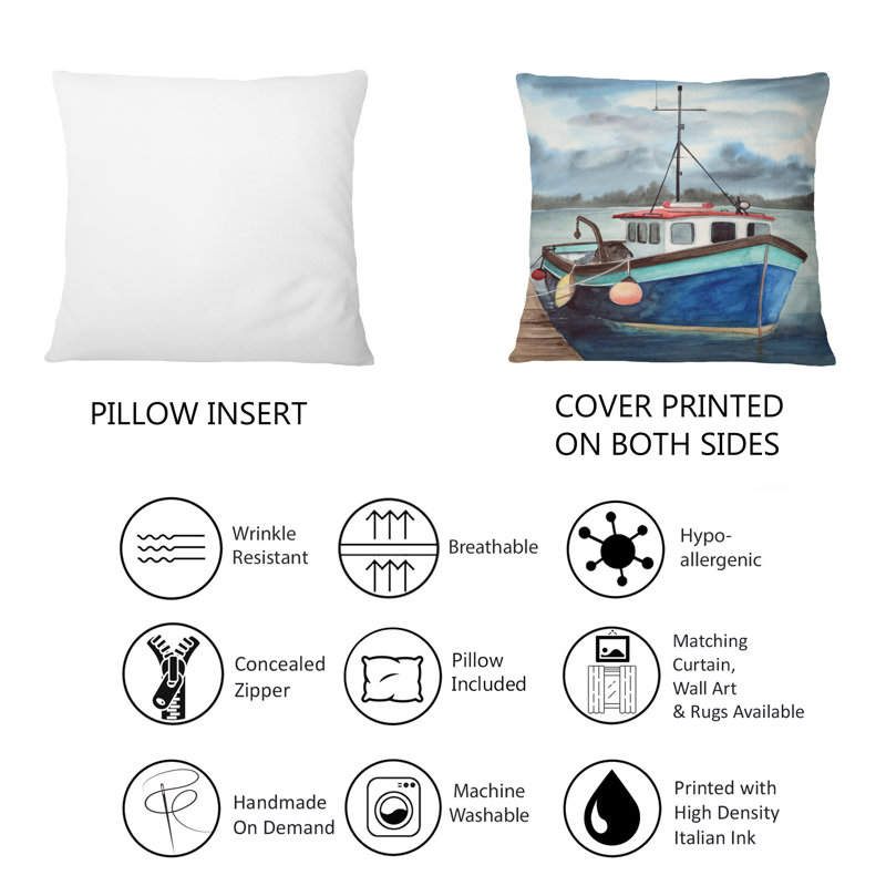 Coussin bleu avec bateau de pêche bleu et toit rouge dans le port