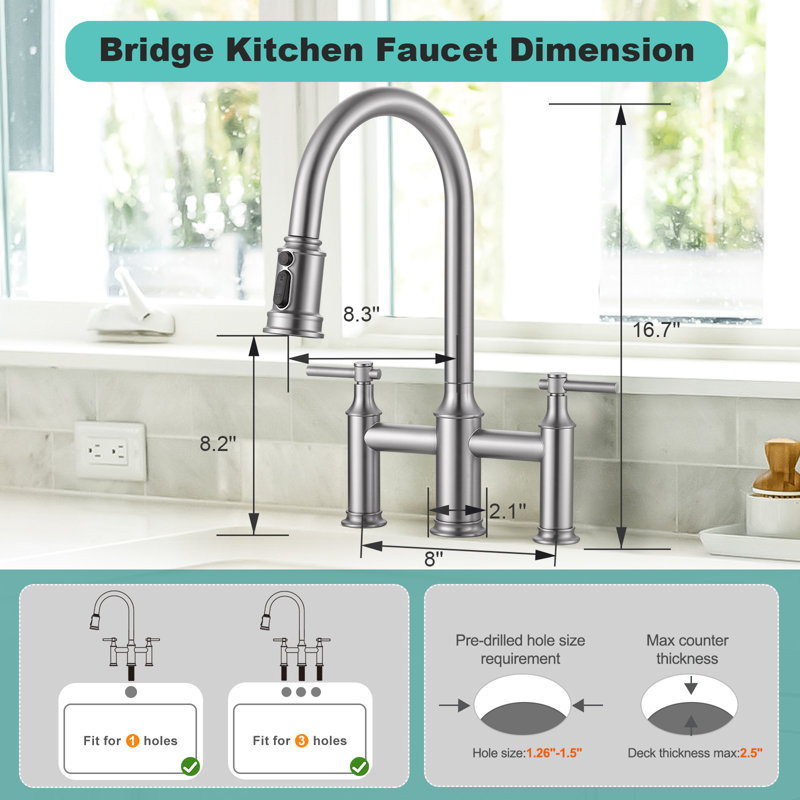 3 Holes 8 Inch Centerset Bridge Kitchen Faucet With Pull Down Sprayer, Brushed Nickel