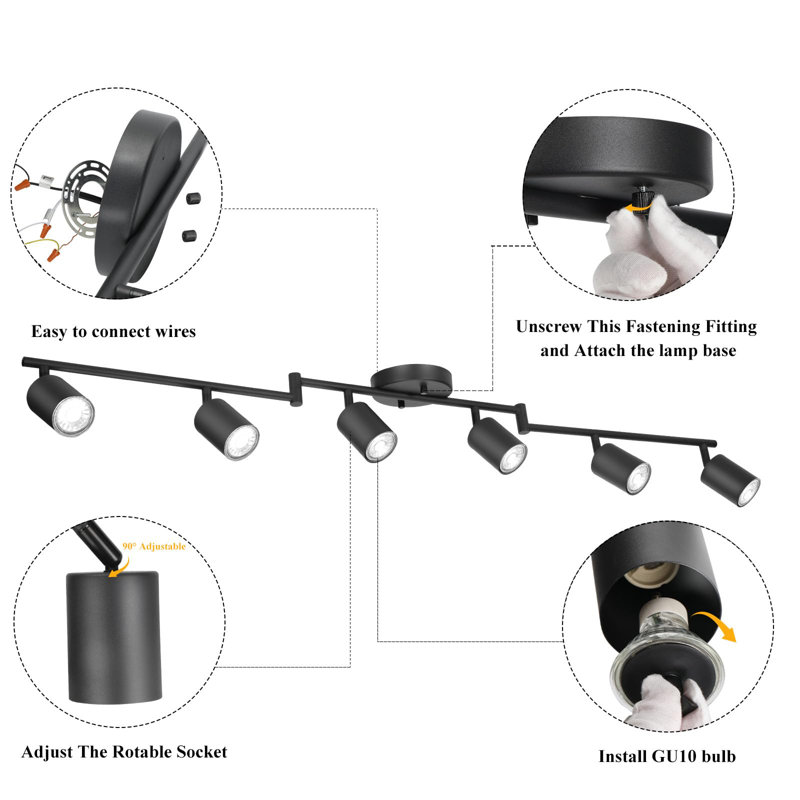 Ensemble d'éclairage sur rail à 6 lumières DEL, projecteur à 6 voies noir, tête rotative flexible pour la cuisine, le salon, la chambre à coucher, ampoule GU10 non incluse