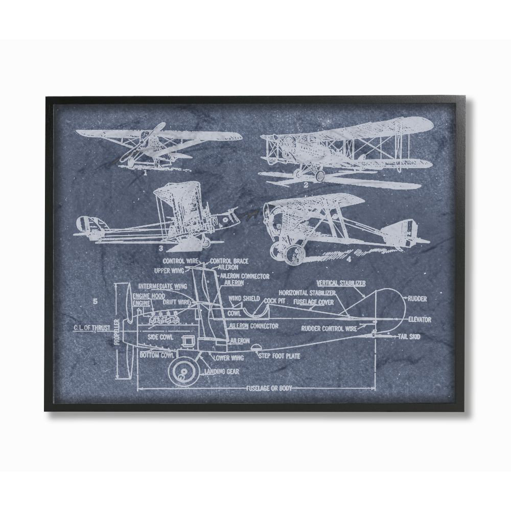 " Slate Blue Distressed Vintage Airplanes Diagram Blueprint " Steelside™ 