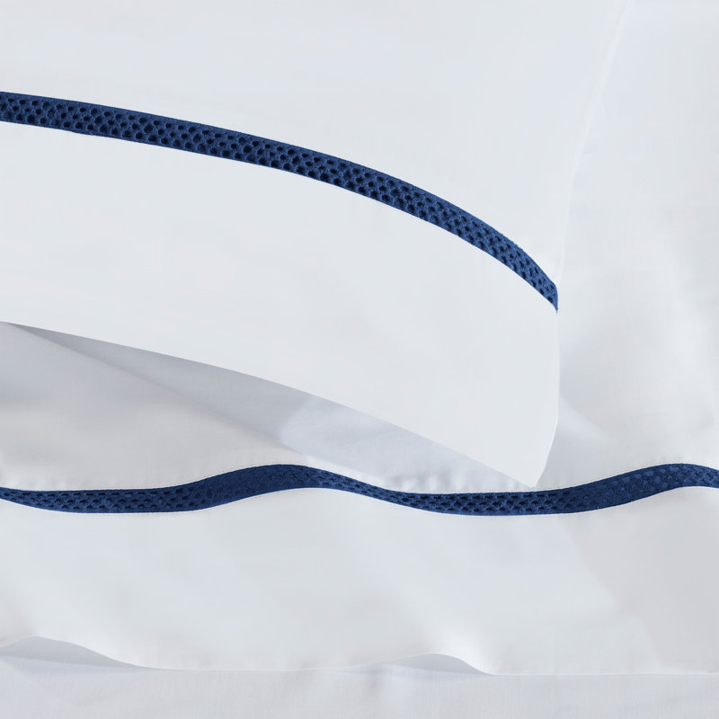 Ensemble de draps en coton Riverton , Ensemble de draps pour lit simple avec 1 taie d'or, Blanc/bleu marine