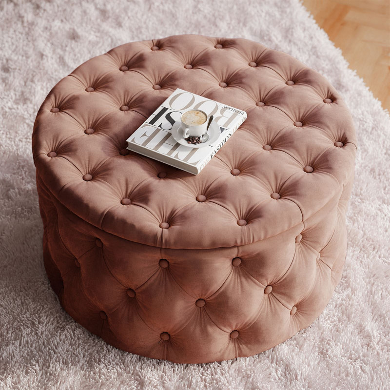 CHESTERFIELD Round Upholstered Pouf Hocker 70 cm, Pink Polyester