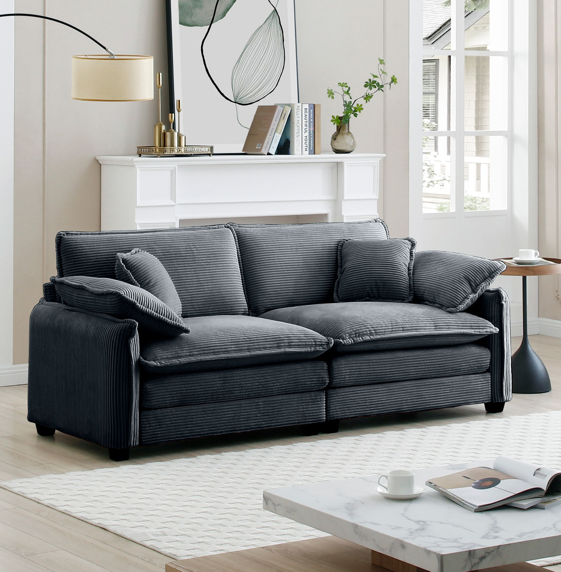 Latitude Run® Warm and Cozy Living Room Sofa with 4 Pillows Upholstered