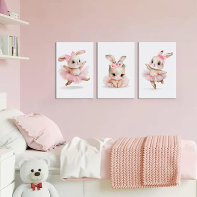 3 pièces de toile de lapin rose pour chambre de bébé chambre mignonne, affiches, impressions murales, photos, robe BCBG, peinture de ballet de lapin, œuvre d'art pour chambre de filles, décoration de la maison