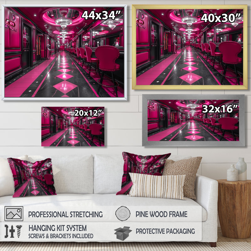 Casinos rose / noir et chanceux - Art mural, Toile avec cadre flottant or, H 12 po x l 20 po x P 1 po