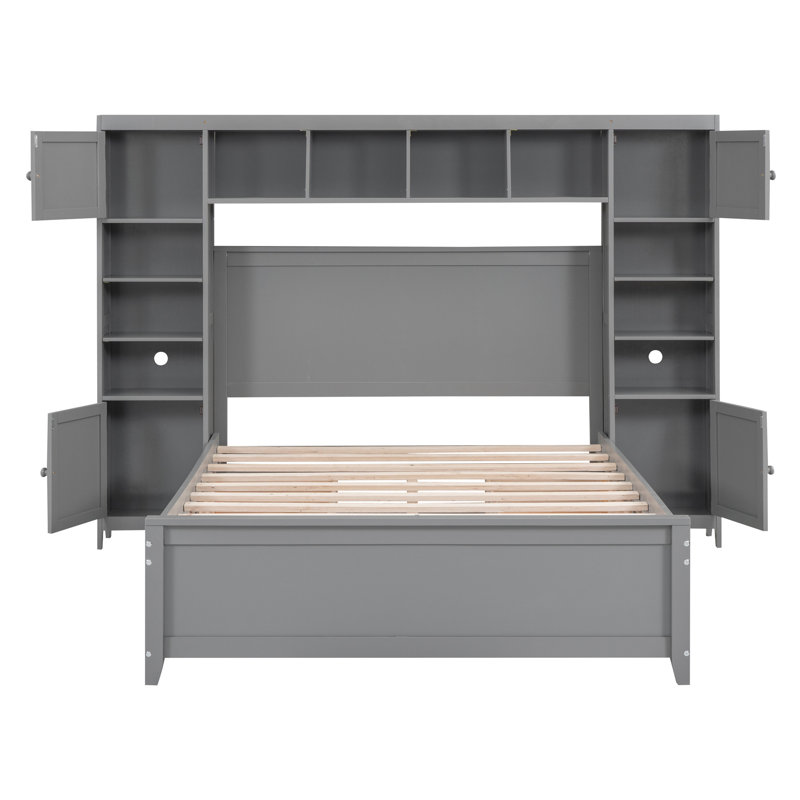Lit double en bois avec armoire et tablette tout-en-un, espresso, Gris