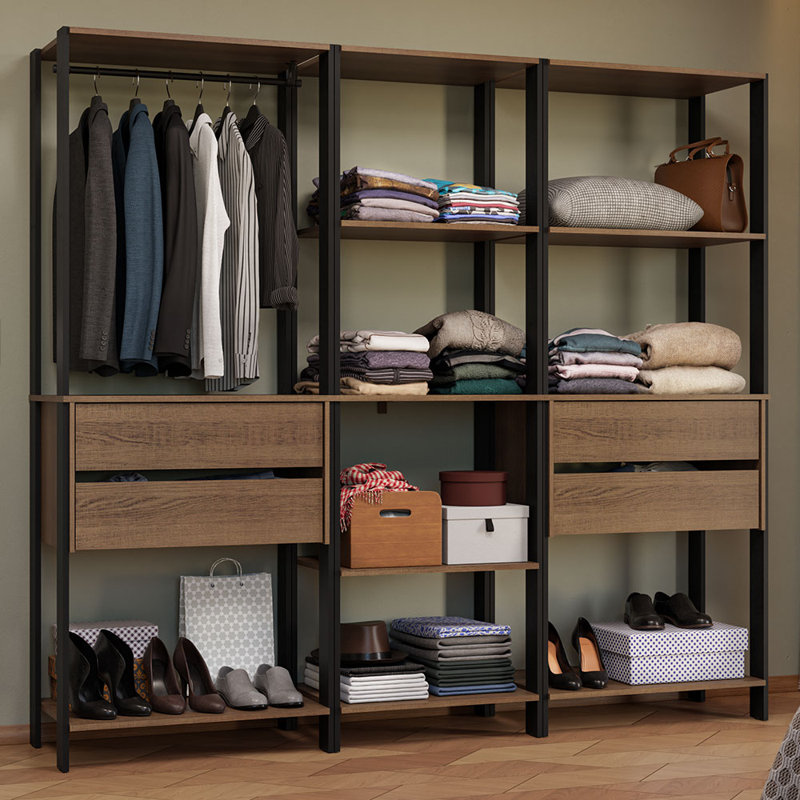  Wardrobe Clothes Storage Rack with 4 Drawers, Open Shelves and Hanging Space 78"L Multiuse Modular Cabinet for Bedroom Organization - Black/Brown