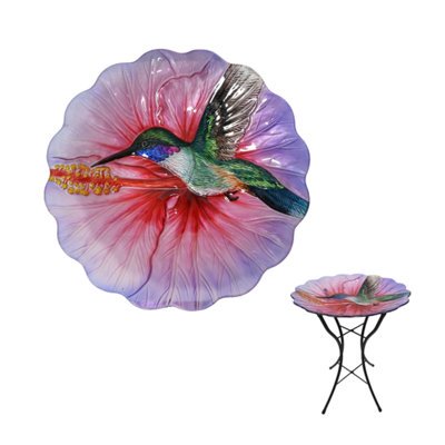 Bain d'oiseaux à colibri en verre 18 "avec support en métal" Rhode Island "