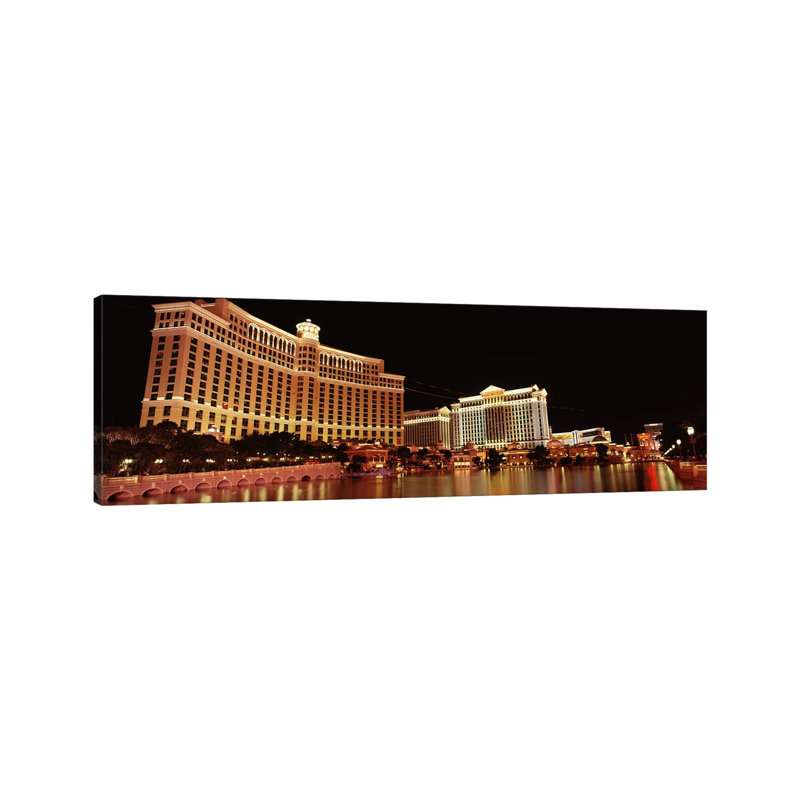 Hotel Lit Up At Night, Bellagio Resort And Casino, The Strip, Las Vegas, Nevada, USA - Wrapped Canvas Panoramic Print