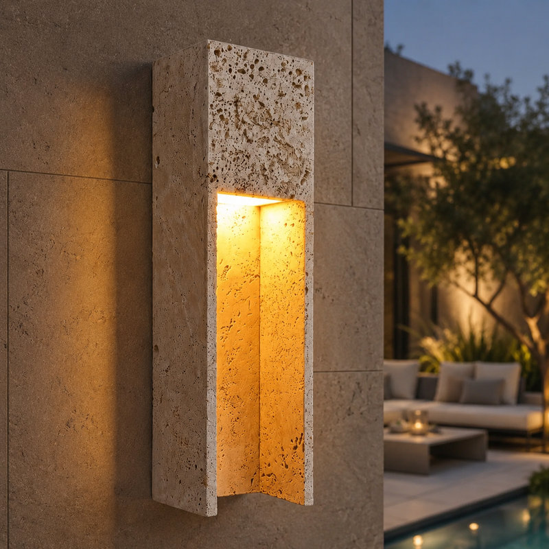 18''H Dimmable White Travertine LED Outdoor Wall Light