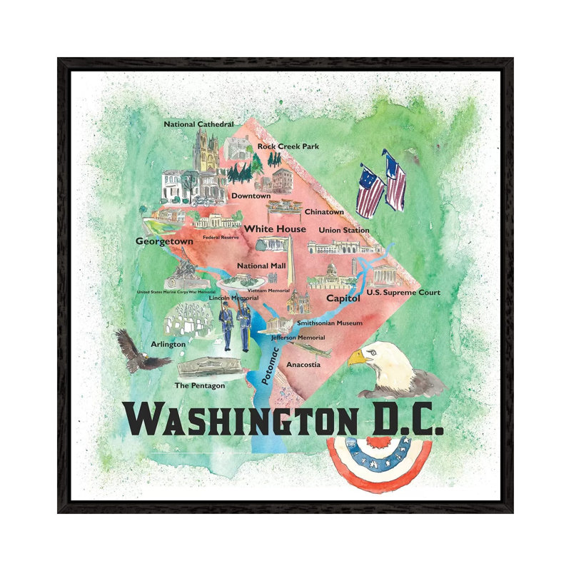 Washington DC USA Illustrated Travel Poster 1 Piece Painting on Canvas, 93.98cm H x 93.98cm W x 3.81cm D