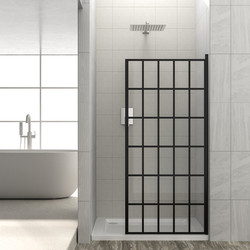 Porte de douche à l'italienne monobloc sans cadre, 96,5 cm (L) x 182,9 cm (H), noir mat, verre trempé 8 mm