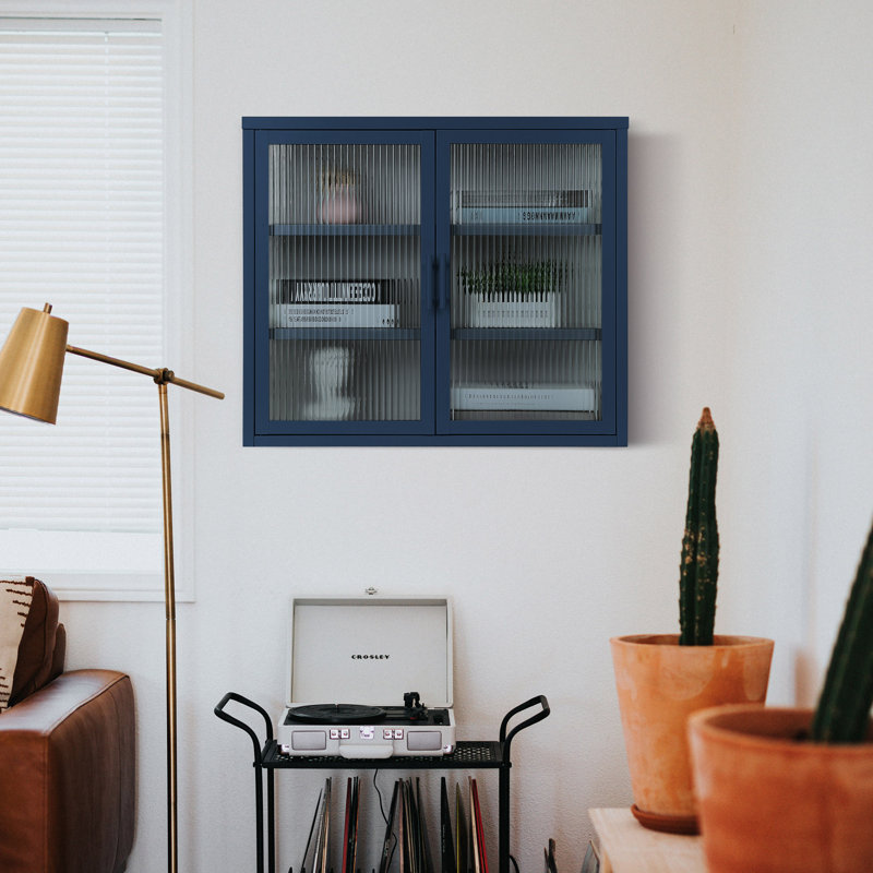 Armoire murale à double porte en verre de style rétro avec tablettes amovibles pour bureau et salle à manger, Bleu