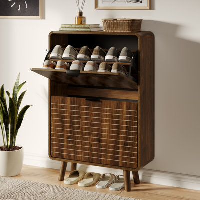 2-Tier Shoe Storage Cabinet with Flip Drawers, 12-16 Pair Free Standing Shoe Organizer 23.7''W for Entryway
