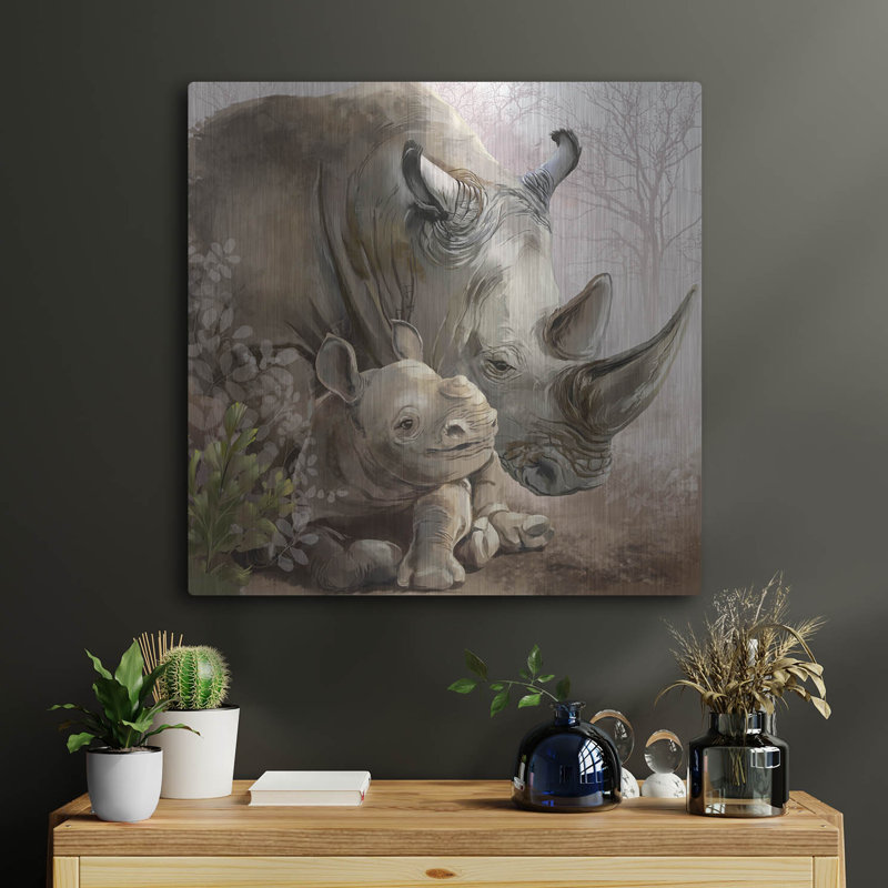  «Rhinoceros And His Little Cub» par Kajenna, art mural en métal, 24 po x 24 po