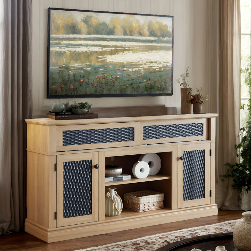 Embossed Pattern TV Stand and Media Console with Open and Closed Storage, Sliding Doors for Living Room & Bedroom, White, No