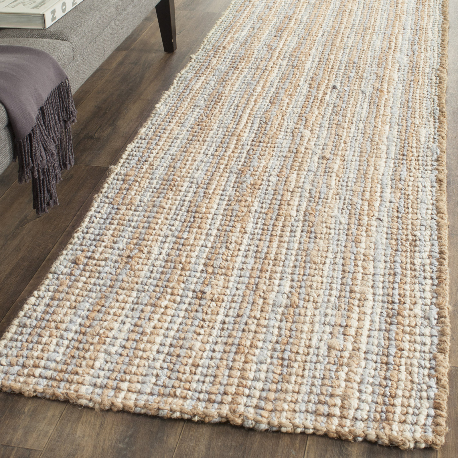 Alda Gray Natural Hand-Woven Striped Jute Rug, Runner 2'6" x 6'